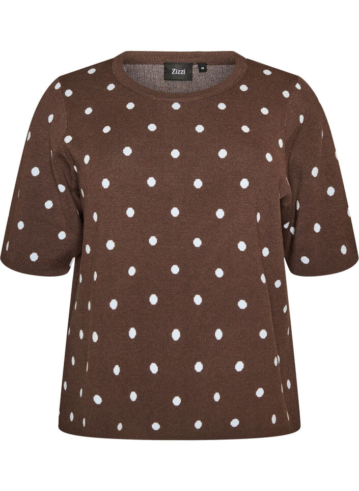 Gebreide blouse met korte mouwen en stippen, Bruin, Packshot image number 0