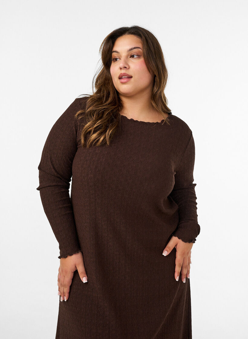 Midi-jurk met golvende structuur en lange mouwen, Bruin, Model image number 3