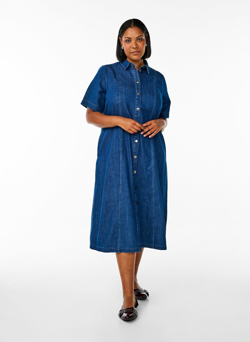 Halflange denim overhemdjurk, Blauw, Model image number 0