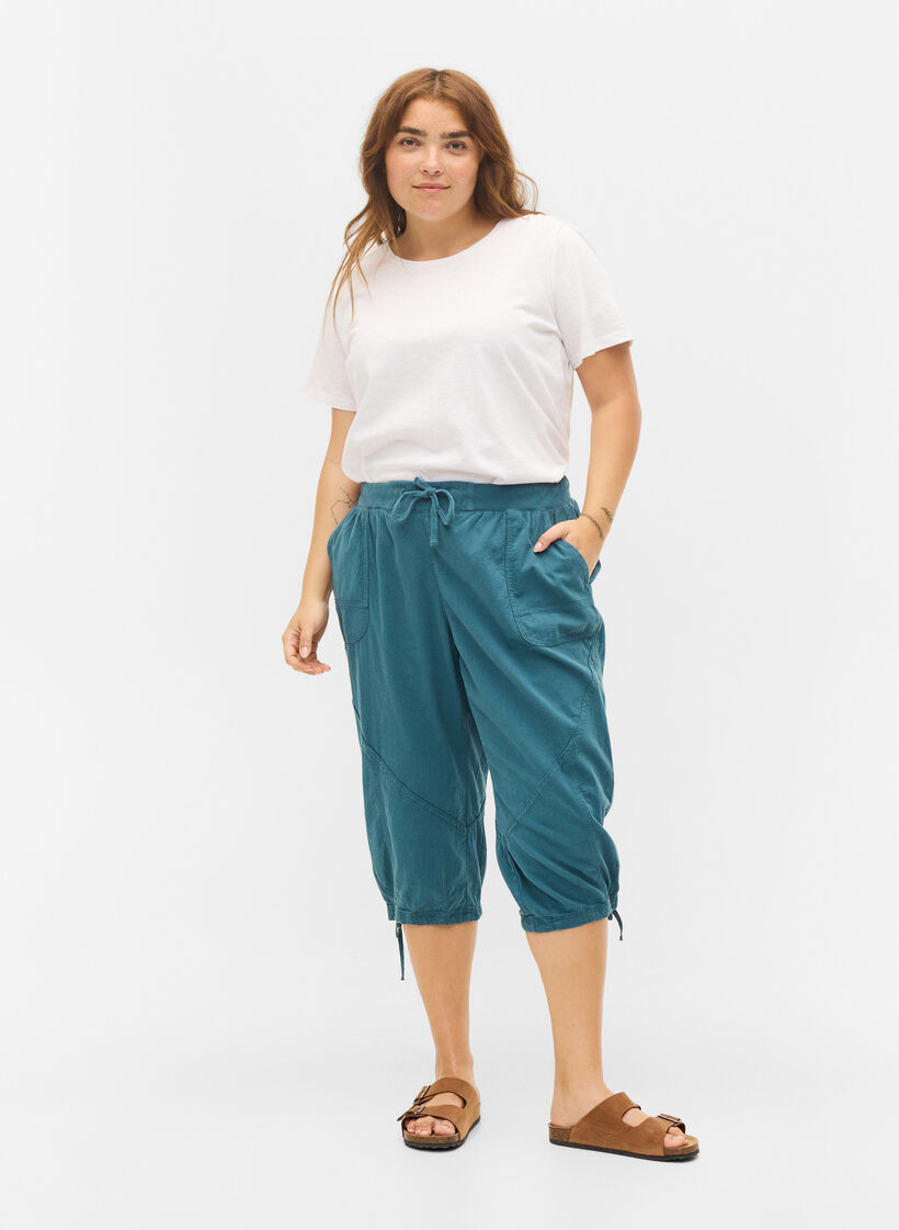 Losse cropped broek van katoen, Blauw, Model image number 0