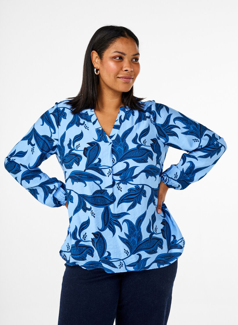 Blouse met lange mouwen in paisleydesign en v-hals, Blue Paisley AOP, Model image number 0
