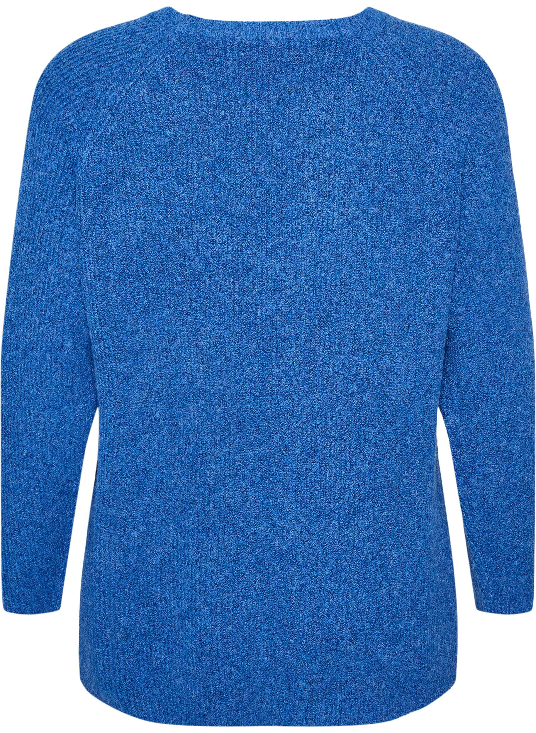 ZizziGebreide trui met een diagonaal patroon en raglanmouwen, Blauw, Packshot image number 1
