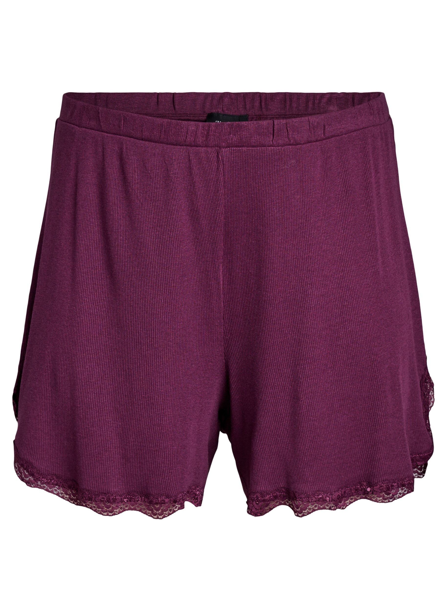 ZizziLichte nachtshorts met ribde structuur en kanten afwerking, Donker Bordeaux, Packshot image number 0