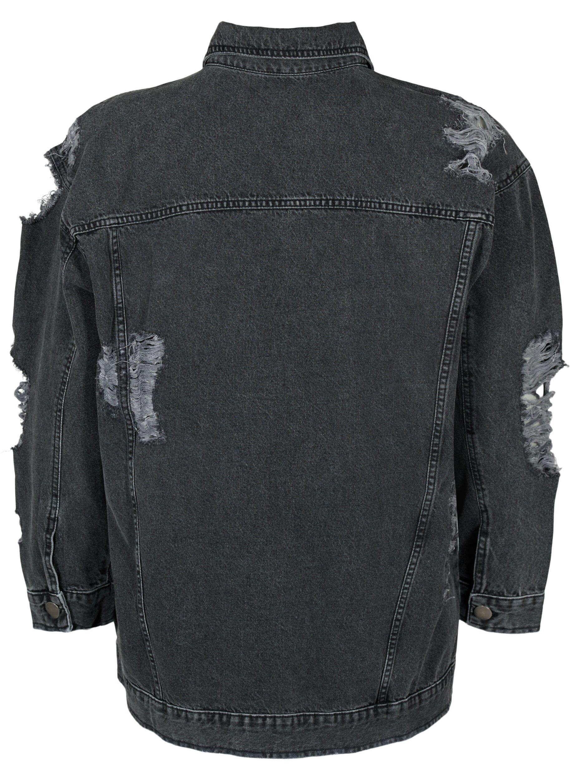 Zizzi Loszittend denim jack met slijtagedetails, Dark Grey Denim, Packshot image number 1
