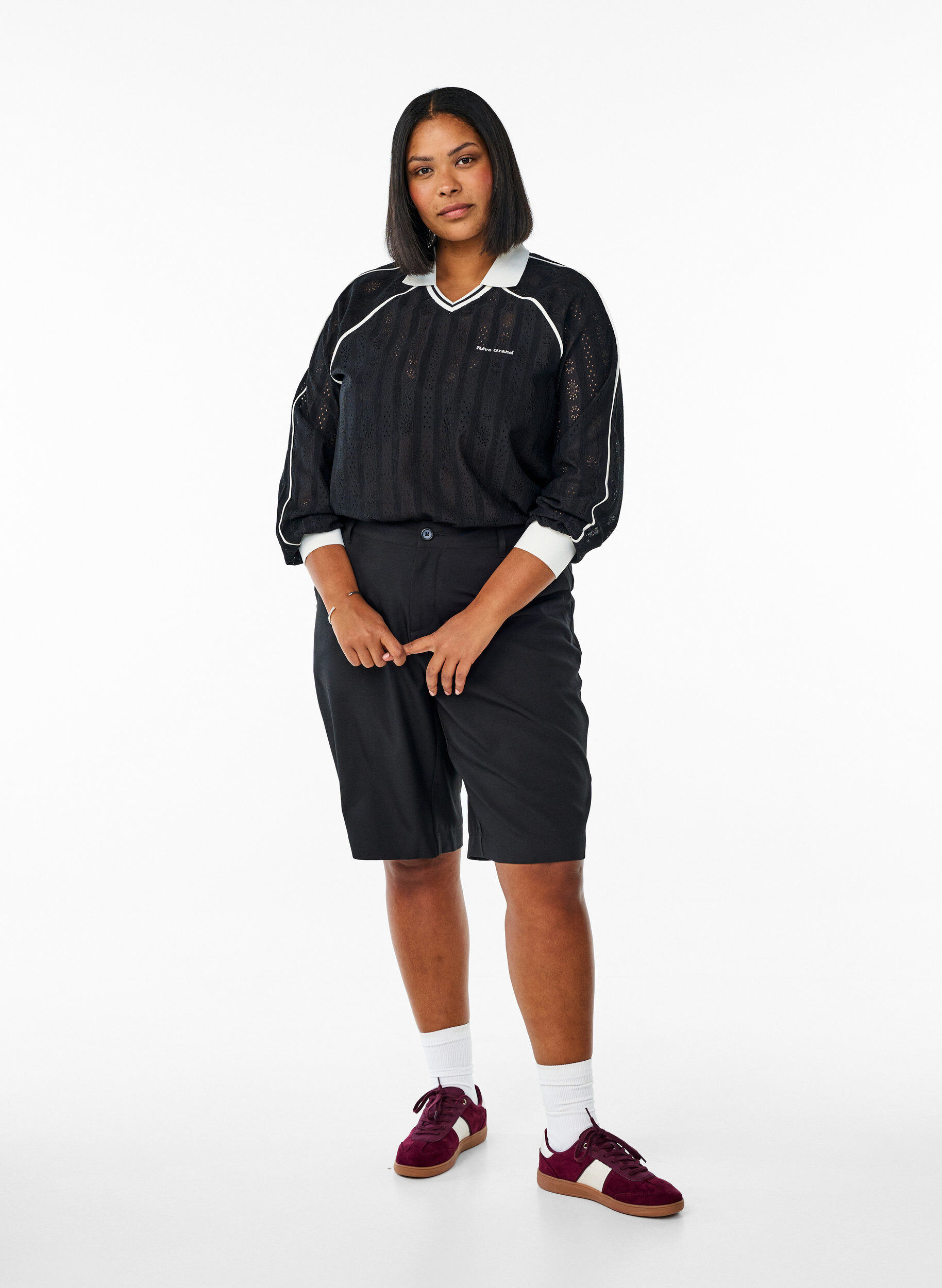 Zizzi Jersey blouse met een textuur en contrasterende details, Zwart, Model image number 1