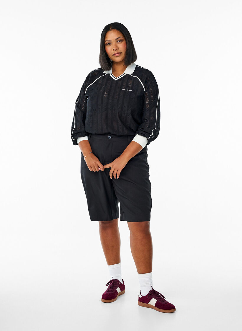 Jersey blouse met een textuur en contrasterende details, Zwart, Model image number 1