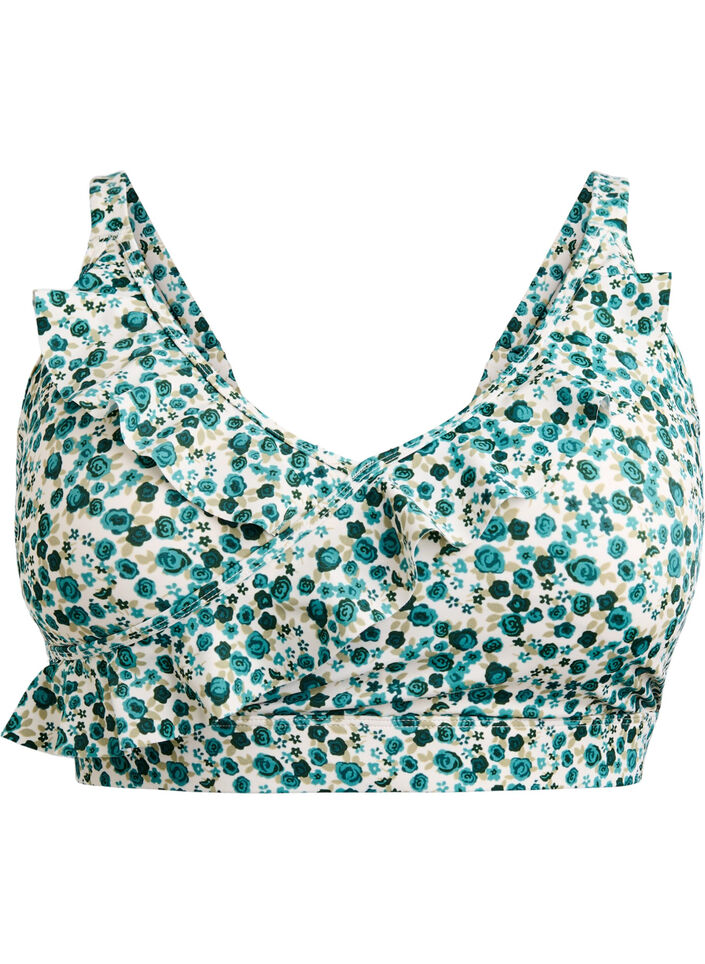 Bloemen bikinitop met ruches, Groen, Packshot image number 0