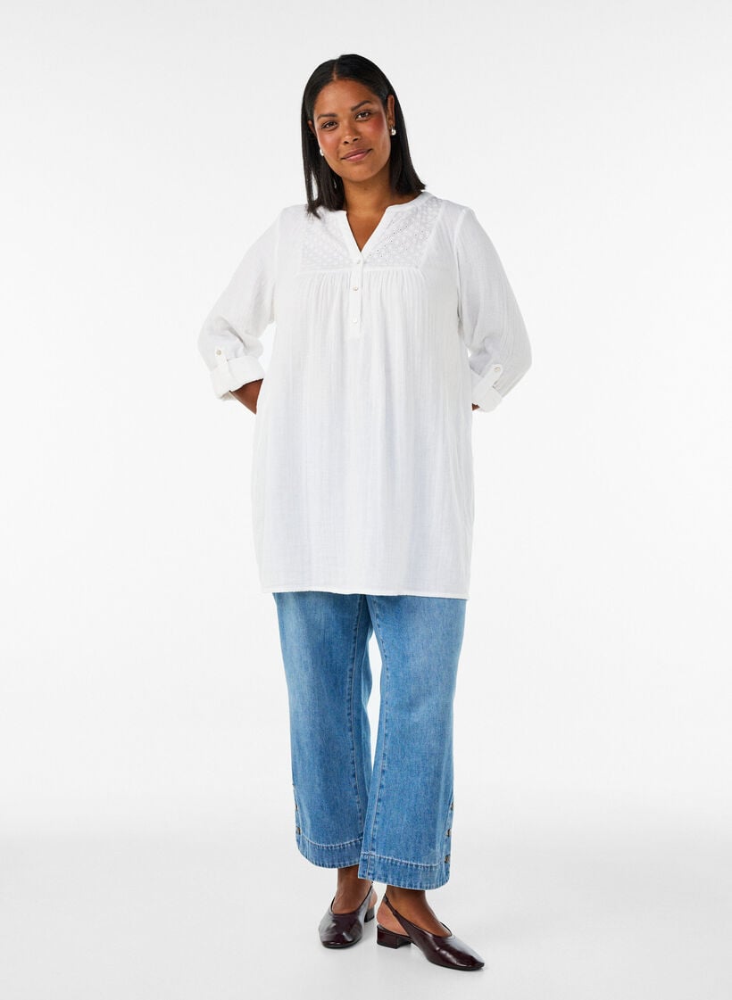 Katoenen mousseline tuniek met broderie anglaise, Wit, Model image number 1