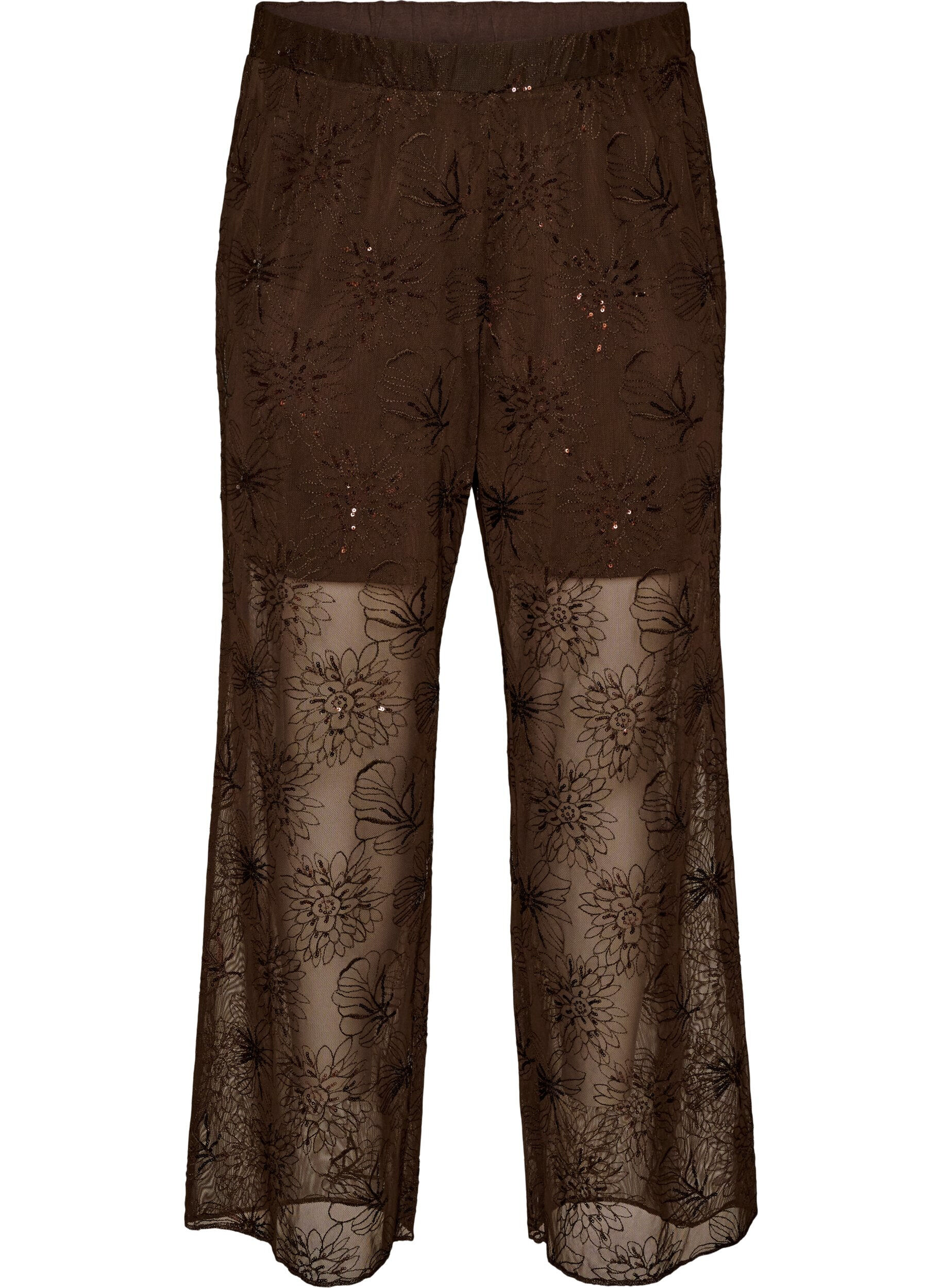 ZizziMesh broek met bloemenborduursels en pailletten, Bruin, Packshot image number 0