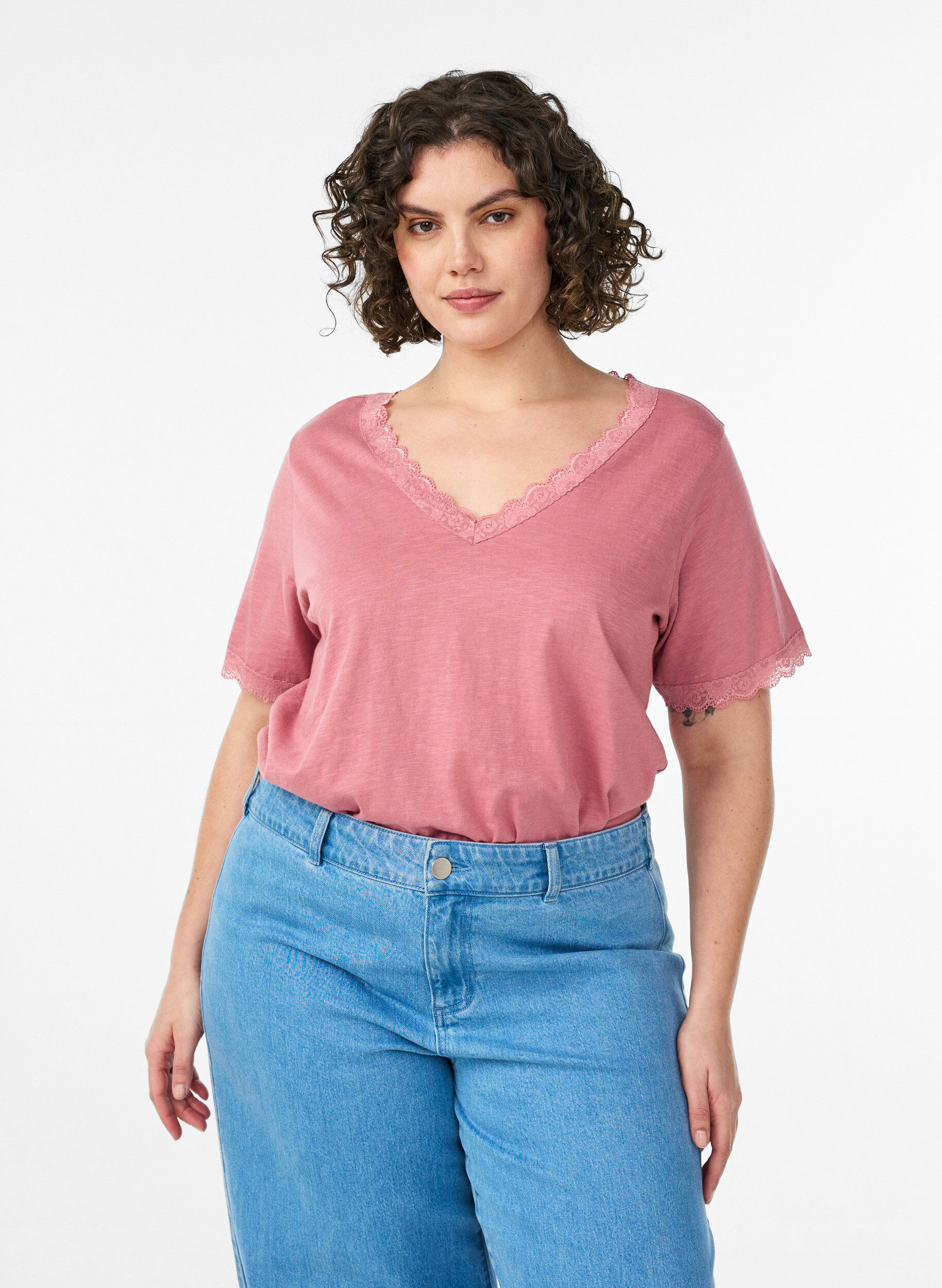 T-shirt met kanten rand, Roze, Model