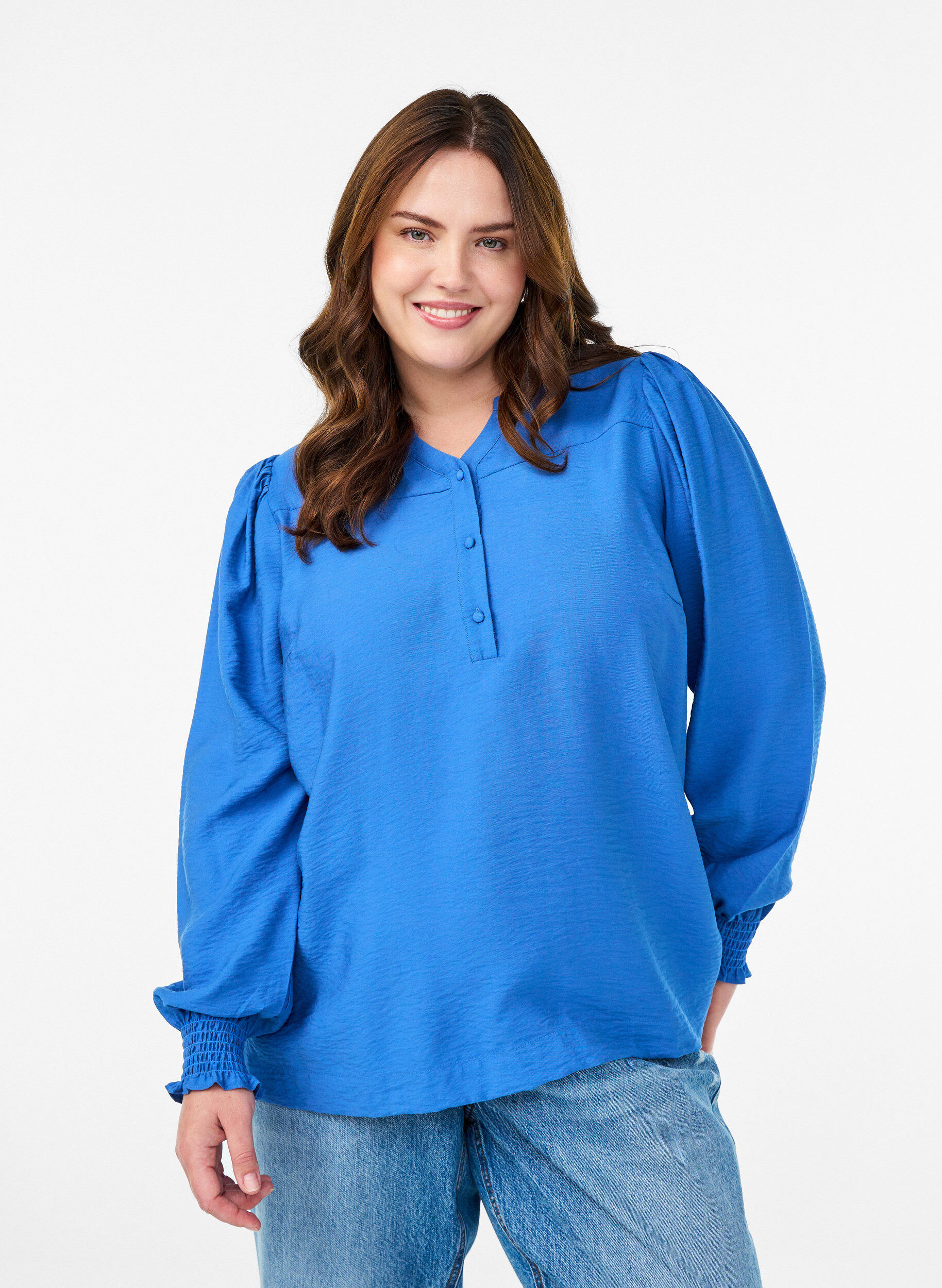 Viscose blouse met smock en geplooide details, Blauw, Model