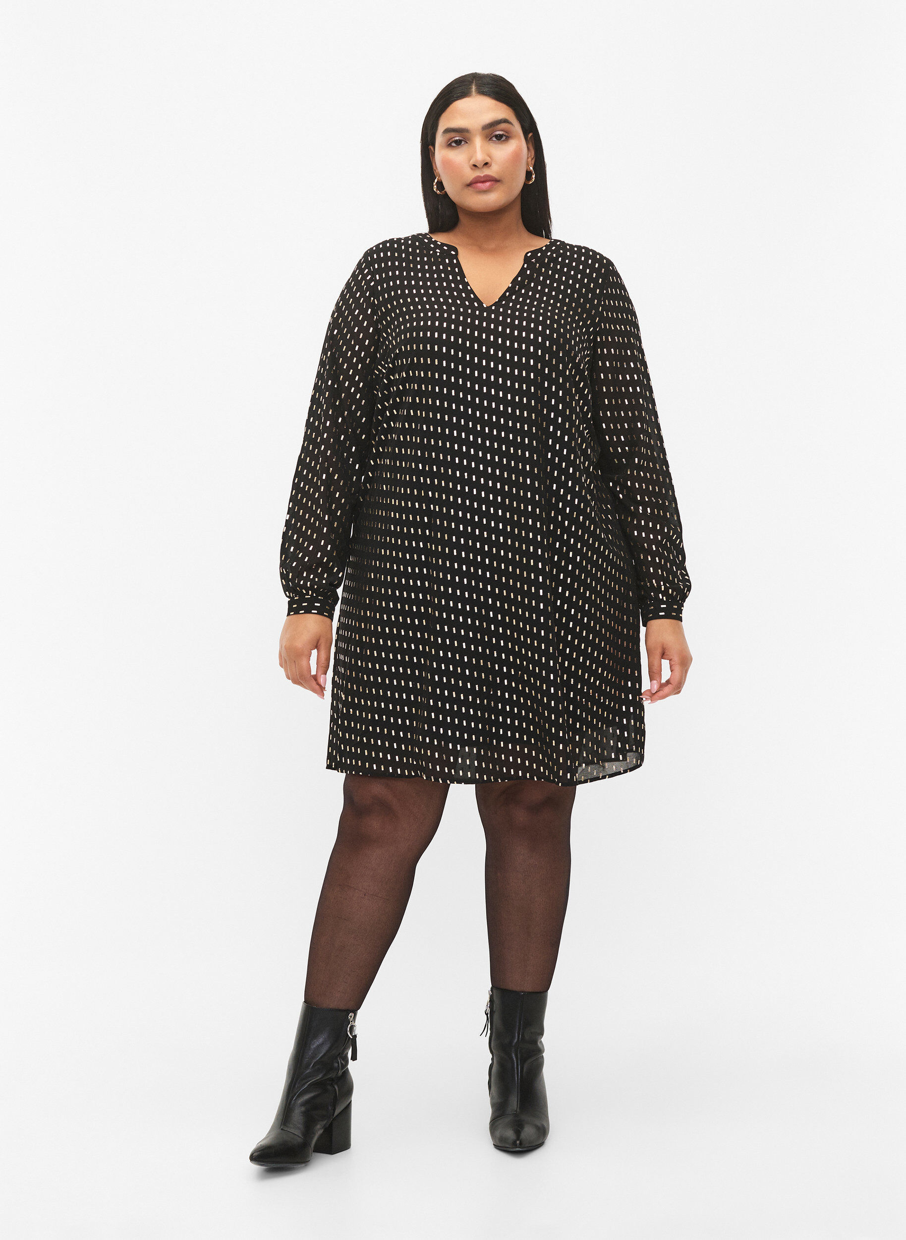 Zizzi Jurk met lange mouwen en folieprint, Black w. Gold, Model image number 2
