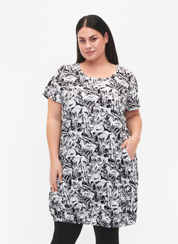 Katoenen jurk met korte mouwen en print, Swirl AOP, Model image number 0