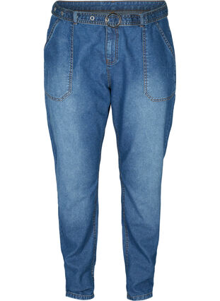 Jeans met hoge taille en riem, Blue denim, Packshot image number 0