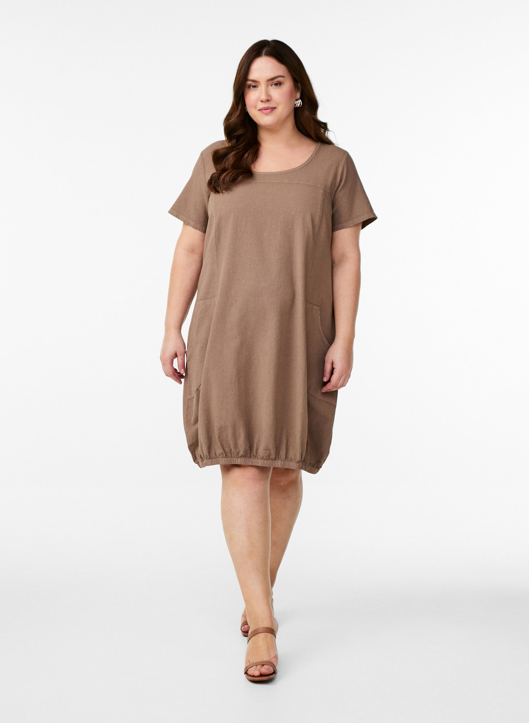 ZizziKatoenen jurk met korte mouwen, Bruin, Model image number 1
