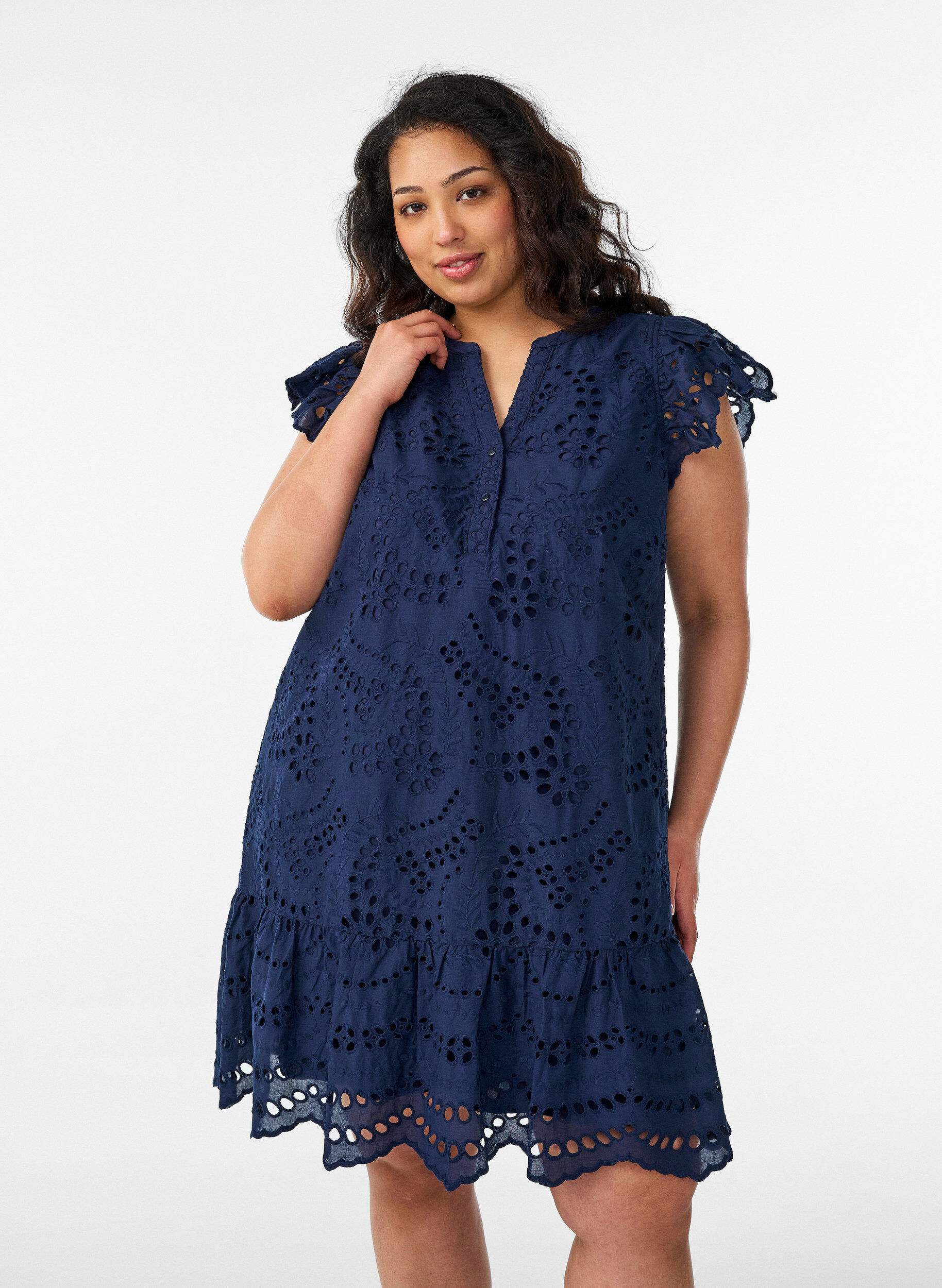 Broderie anglaise jurk met ruches mouwen, Blauw, Model