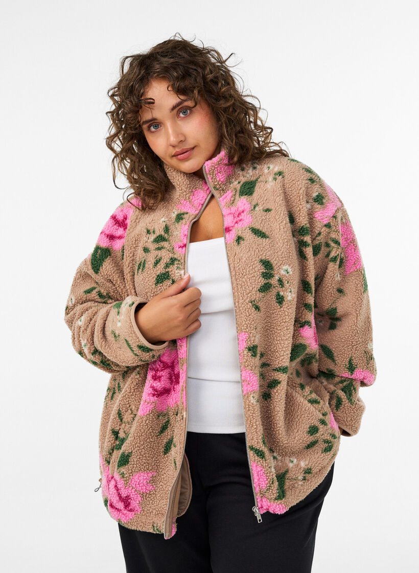Floral fleecejack met een hoogsluitende kraag en ritssluiting, Beige, Model image number 0