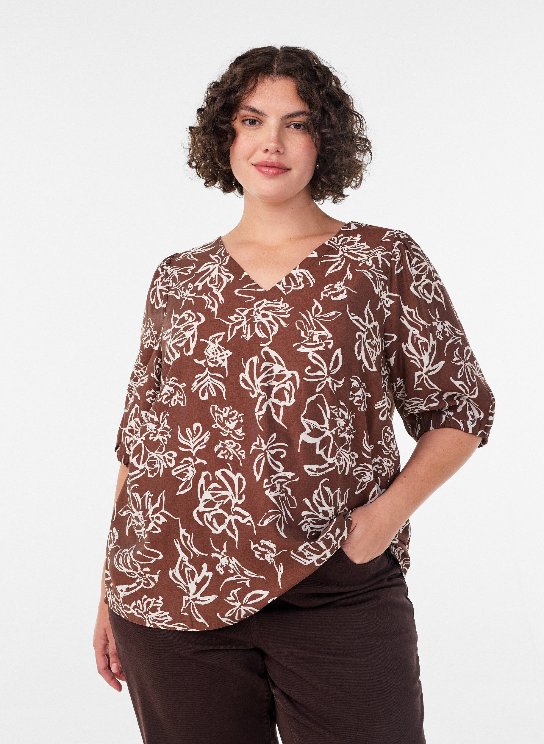 ZizziViscose blouse met V-hals, Bruin, Model image number 0