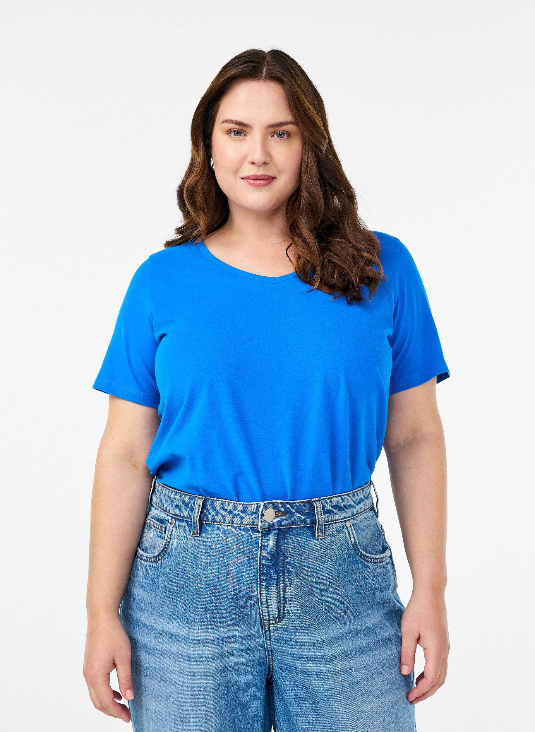 Effen basic katoenen T-shirt, Blauw, Model