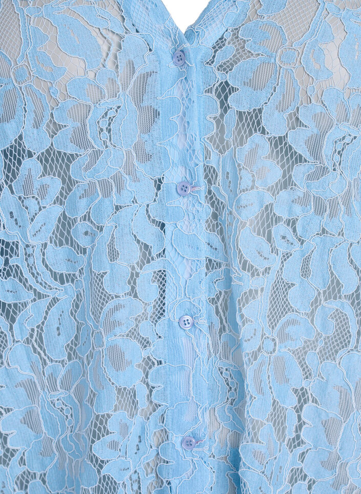 Kanten blouse met korte mouwen en V-hals, Blauw, Packshot image number 2