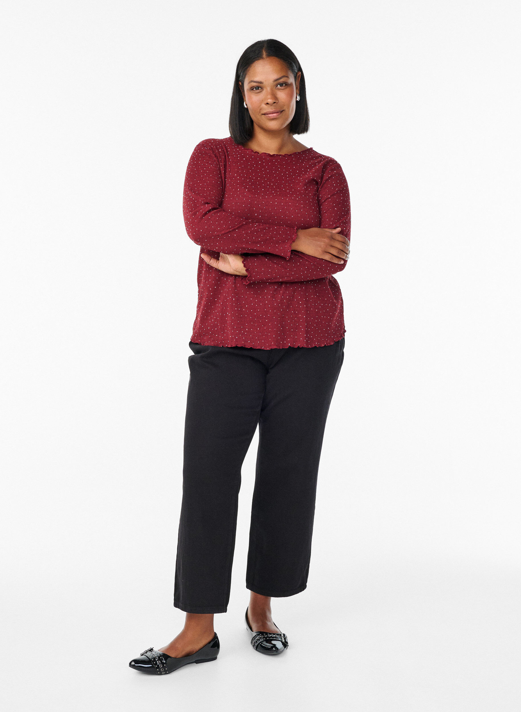 Zizzi Blouse met lange mouwen en strassstenen, Donker Bordeaux, Model image number 1