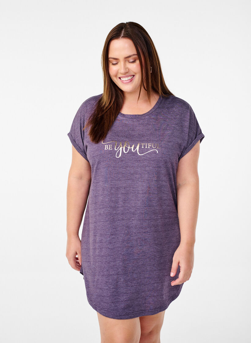 Nachtjapon met korte mouwen en tekstopdruk, , Model image number 0