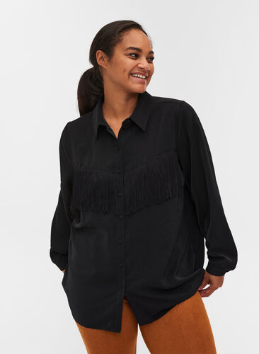 Effen blouse met franje, Black, Model image number 0