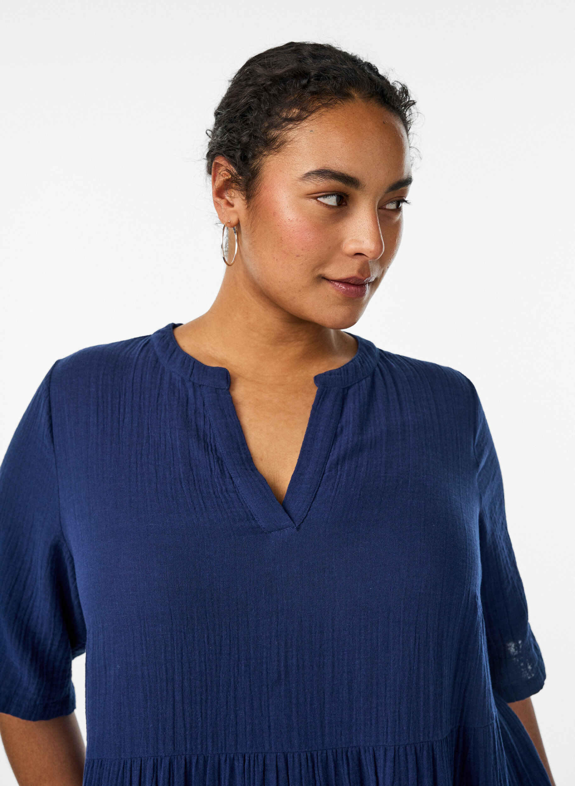 Zizzi A-lijn midi-jurk in katoenen mousseline, Blauw, Model image number 2