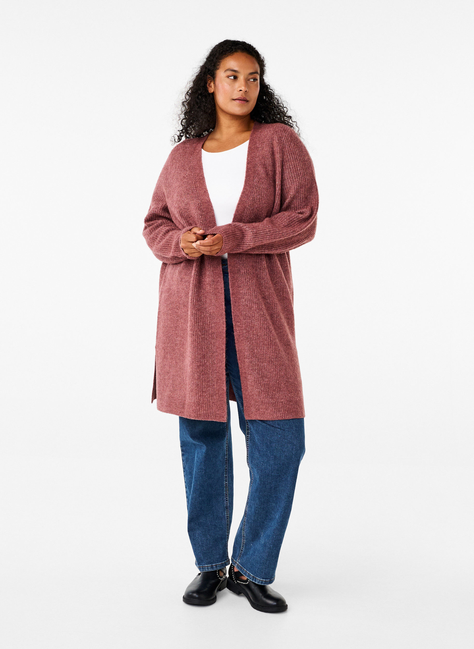 Zizzi FLASH - Geribde cardigan met splitten, Rose Brown Melange, Model image number 2