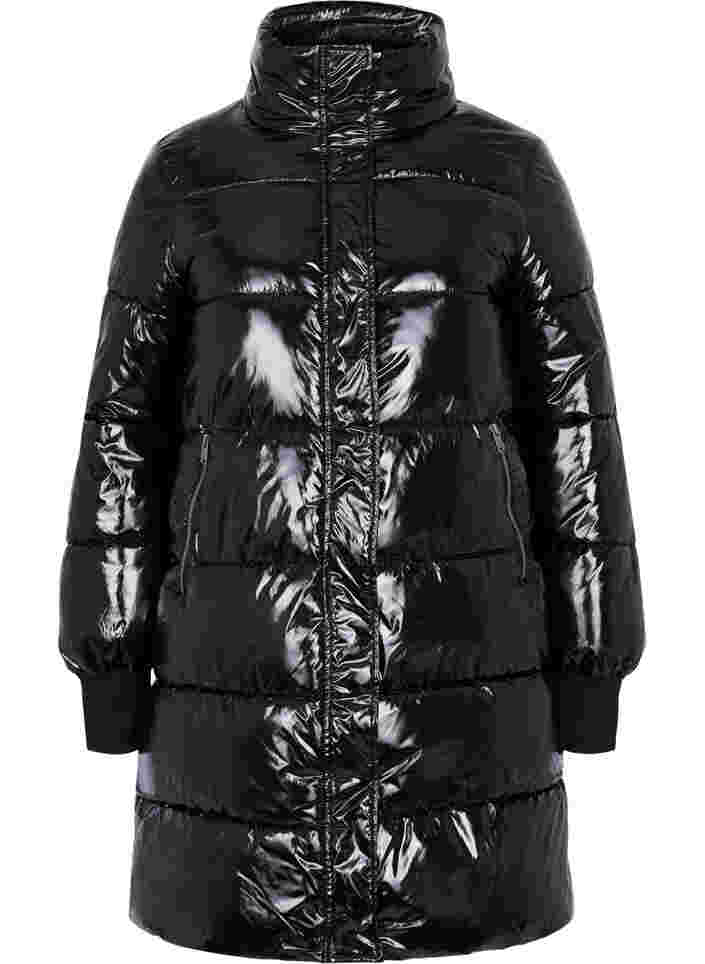 Glanzende winterjas met rits- en knoopsluiting, Black, Packshot image number 0