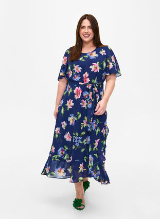 	 Midi-jurk met korte mouwen en bloemenprint, Blueprint Flower AOP, Model image number 0