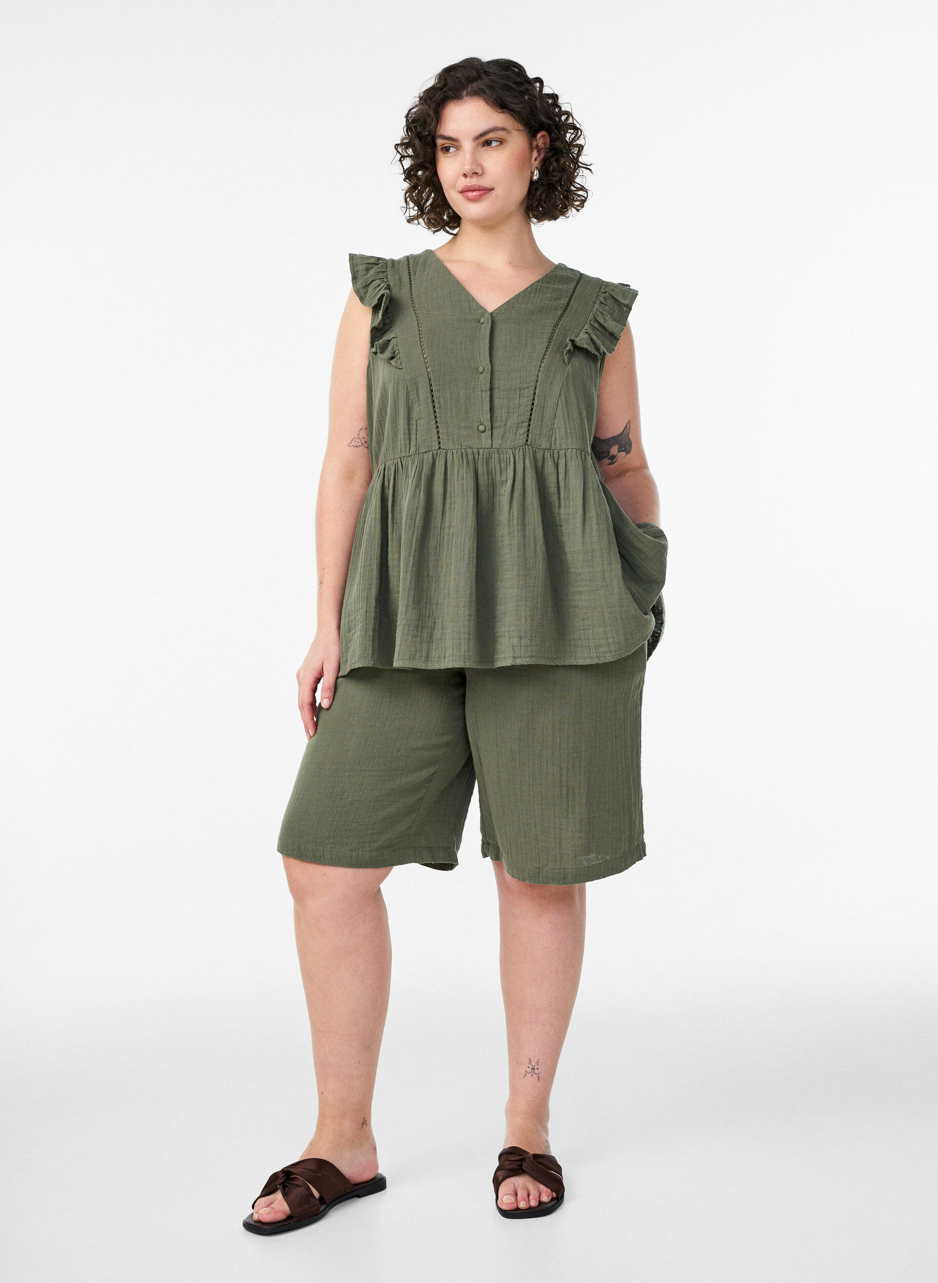 ZizziLos katoenen mousseline shorts met een hoge taille, Groen, Model image number 1