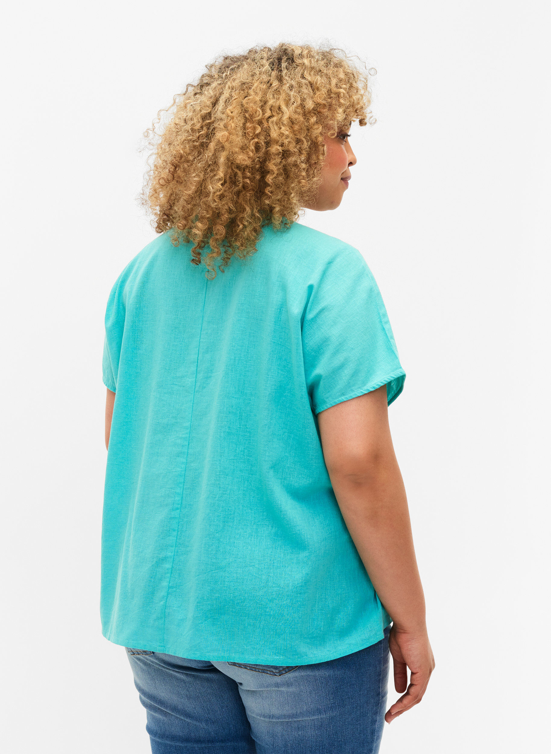 Zizzi Katoenen blouse met korte mouwen van katoenmix met linnen, Turquoise, Model image number 1