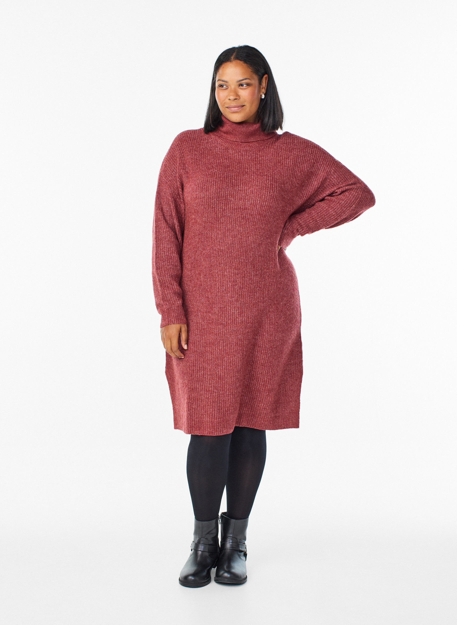 Gebreide jurk met col, Rood, Model