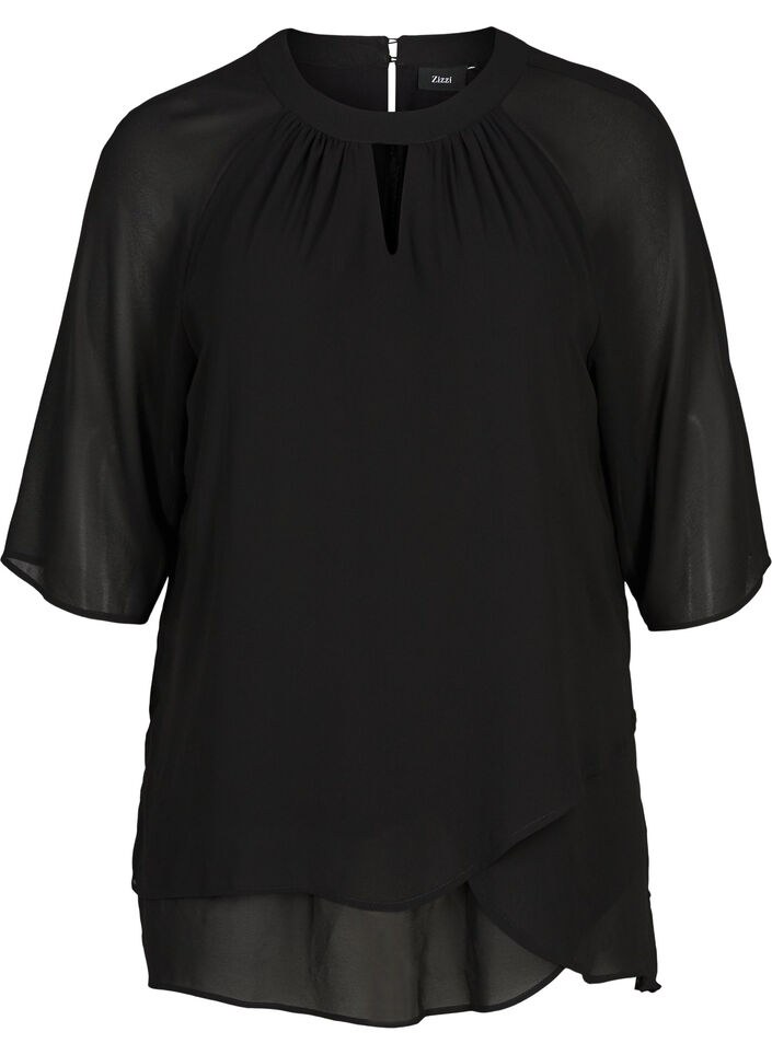 Chiffon blouse met 3/4 mouwen, Black, Packshot image number 0