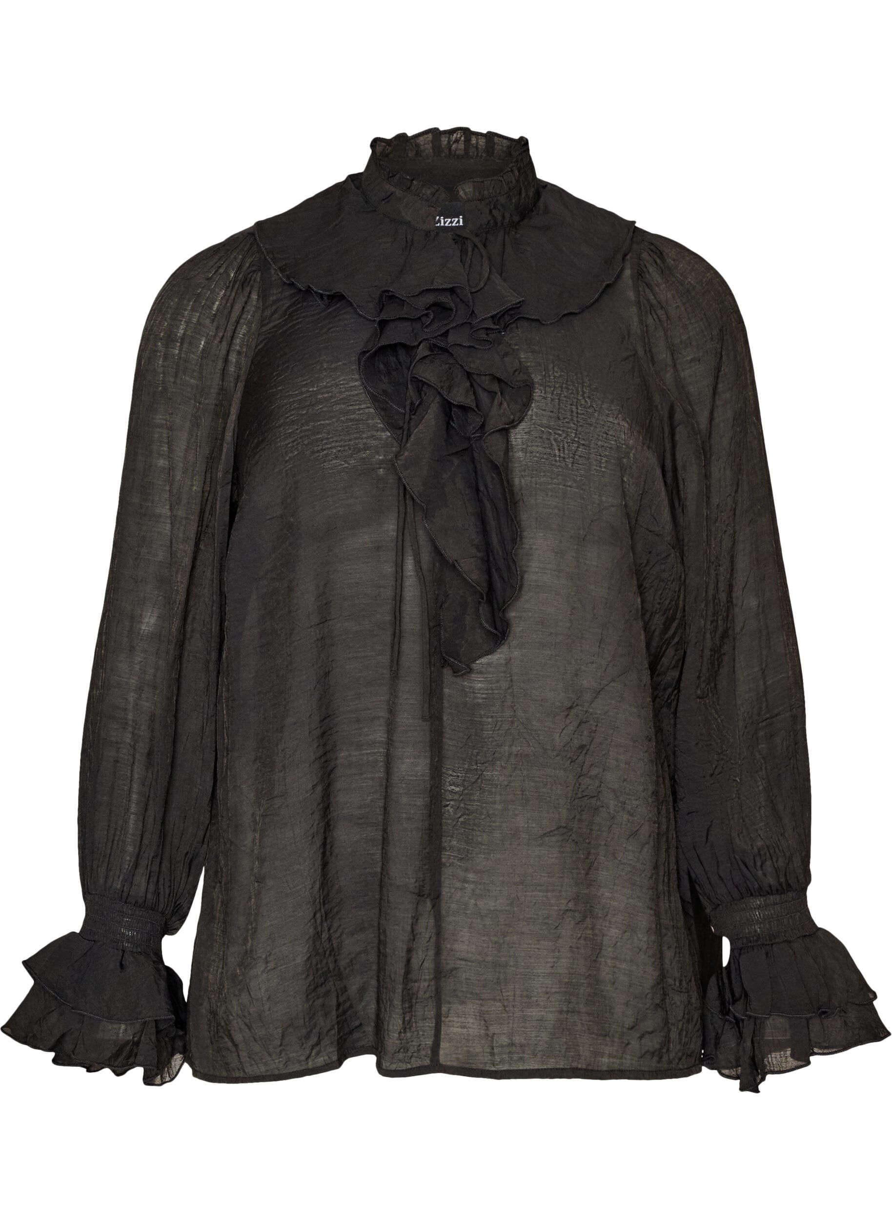 ZizziViscose blouse met ruches en lange mouwen, Zwart, Packshot image number 0