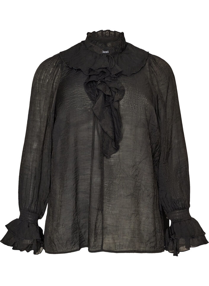 Viscose blouse met ruches en lange mouwen, Zwart, Packshot image number 0