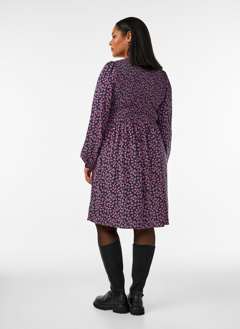 Jurk met een gesmokte top en fijn bloemetjespatroon, Blauw, Model image number 2