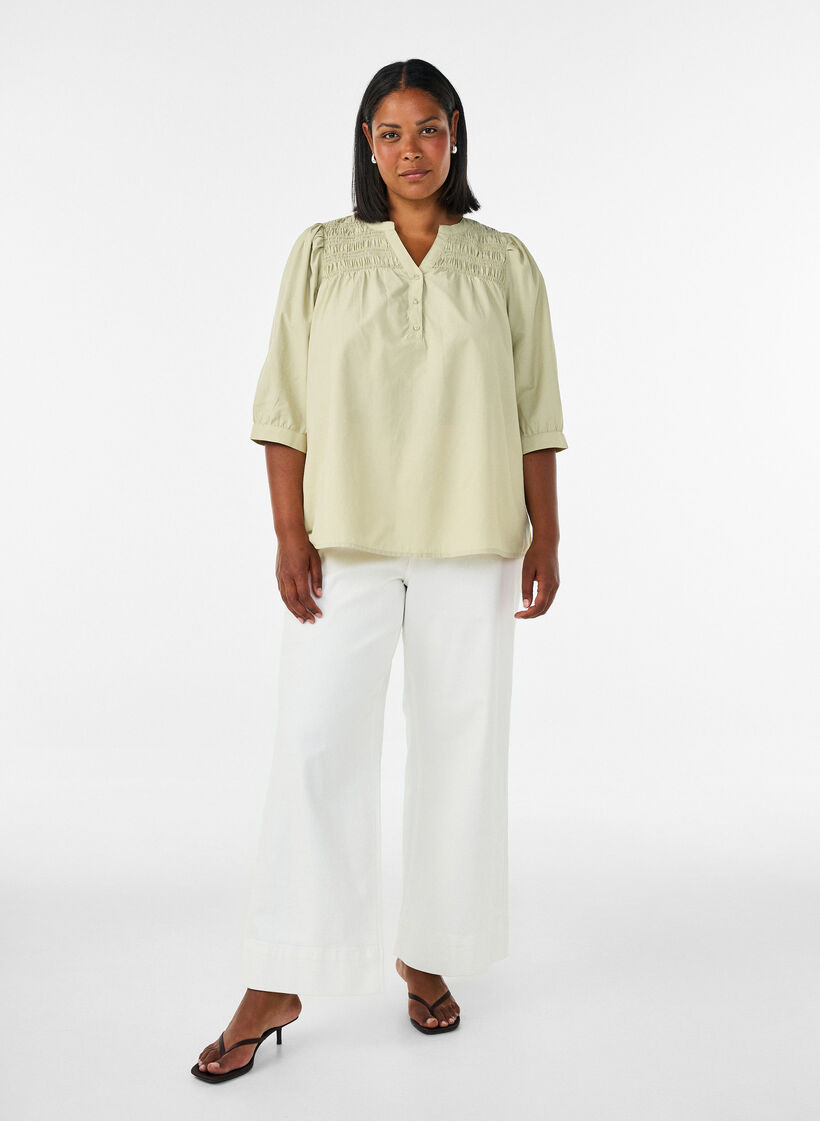 Blouse met smock en 3/4-mouwen, Groen, Model image number 1