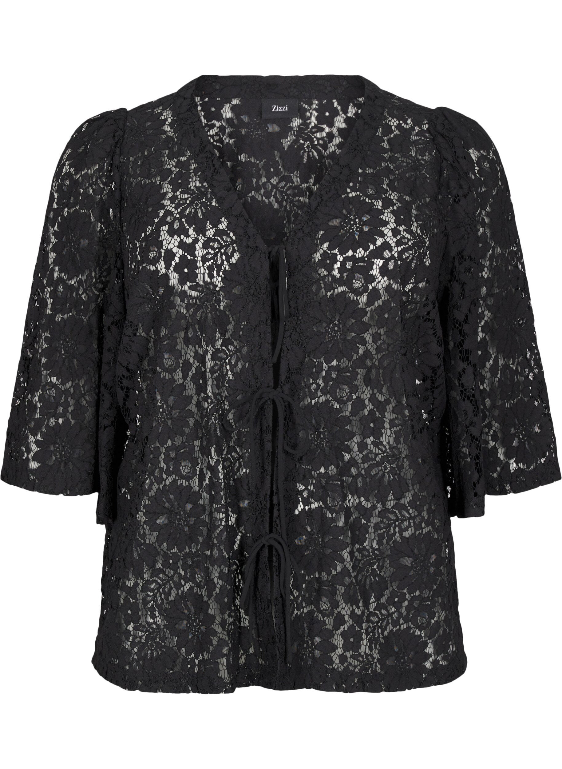 Zizzi Kanten blouse met 3/4 mouwen en strikjes aan de voorkant, Zwart, Packshot image number 0