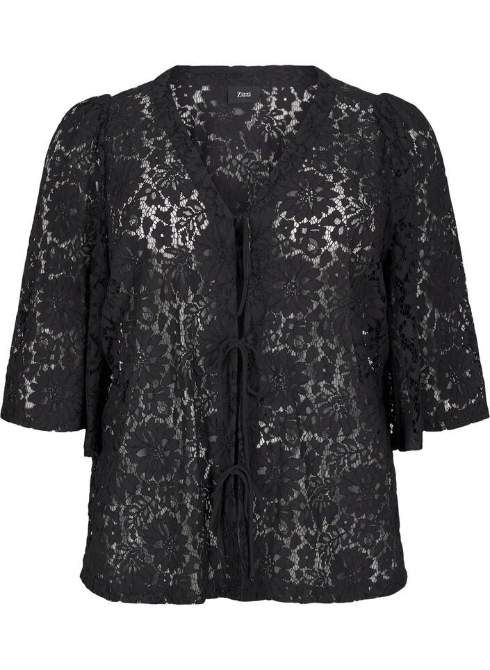 Kanten blouse met 3/4 mouwen en strikjes aan de voorkant, Zwart, Packshot image number 0