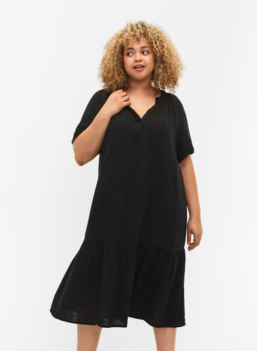 Midi-jurk met korte mouwen van katoen, Black, Model image number 0