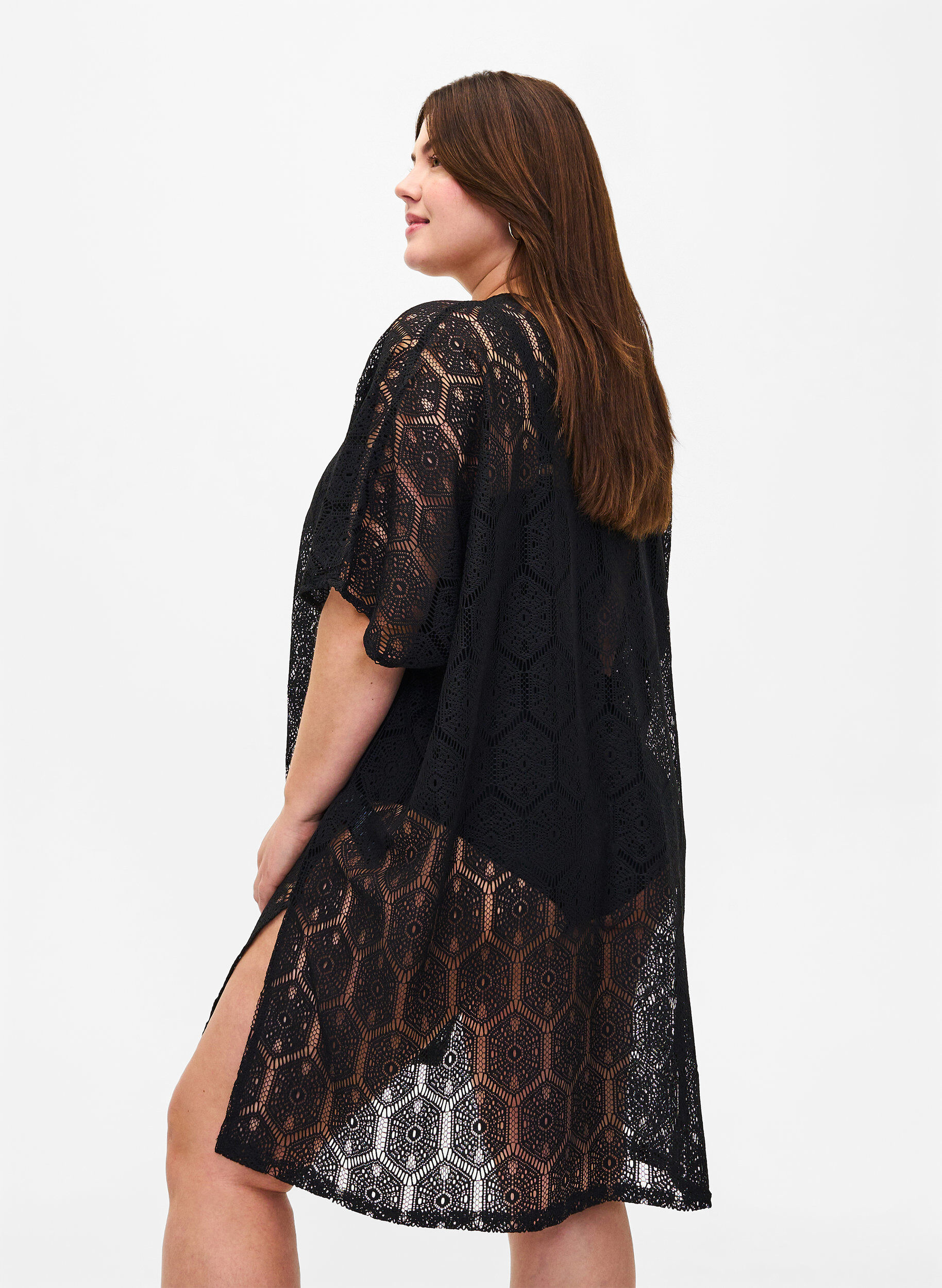 Zizzi Kaftan strandjurk met gaatjespatroon, Black, Model image number 1