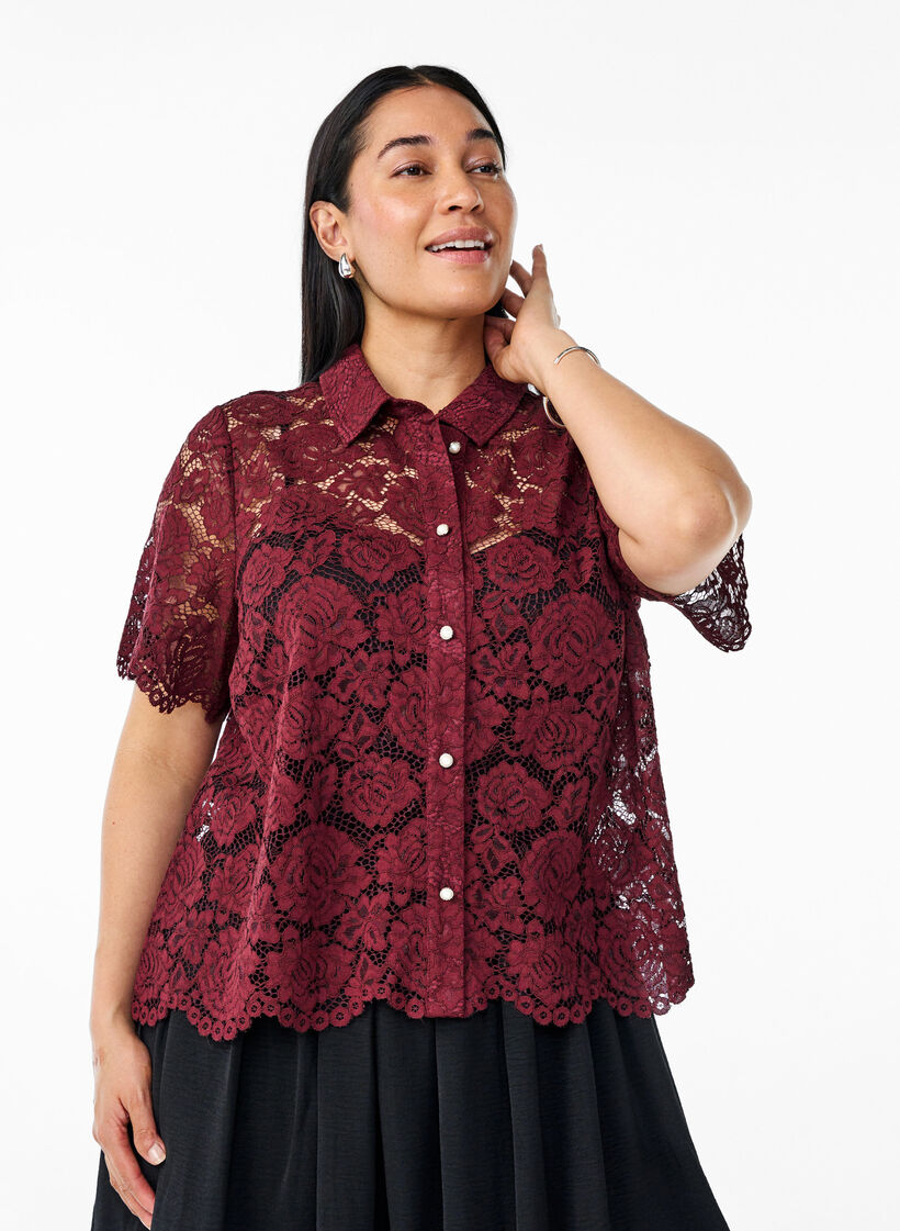 Kanten shirt blouse met parelknopen, Donker Bordeaux, Model image number 0