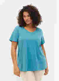 Basic t-shirt in effen kleur met katoen, Brittany Blue, Model