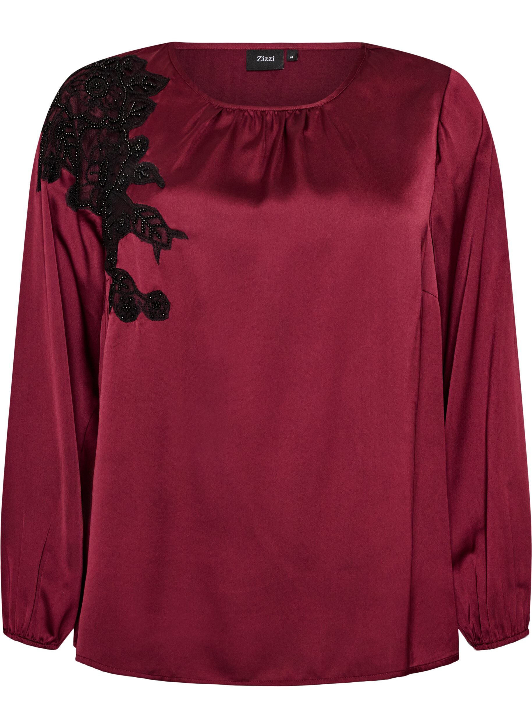 ZizziSatijnen blouse met kanten applicatie en parels, Rood, Packshot image number 0