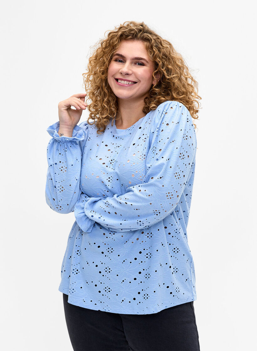 Blouse met lange mouwen en gaatjespatroon, Serenity, Model image number 0