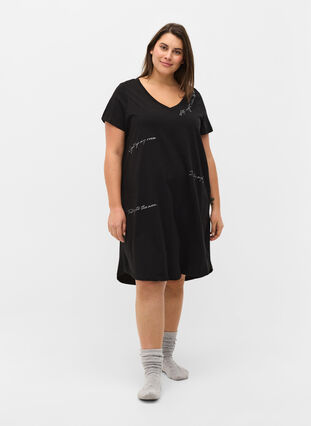 Katoenen pyjama jurk met korte mouwen en print, Black Silv Foil Text, Model image number 2