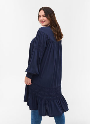 Viscose jurk met lange mouwen en smokdetails, Navy Blazer, Model image number 1