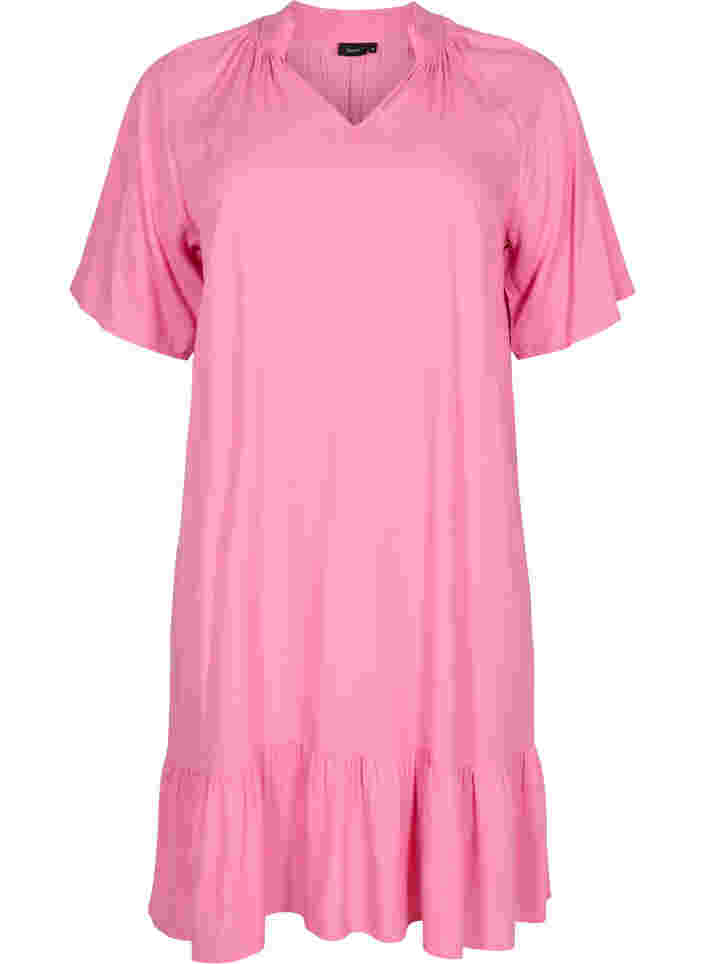 Viscose jurk met korte mouwen en v-hals, Aurora Pink, Packshot image number 0
